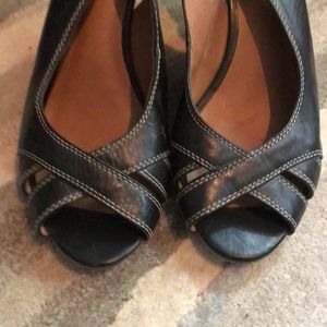 Black open toe sling back wedge sandals